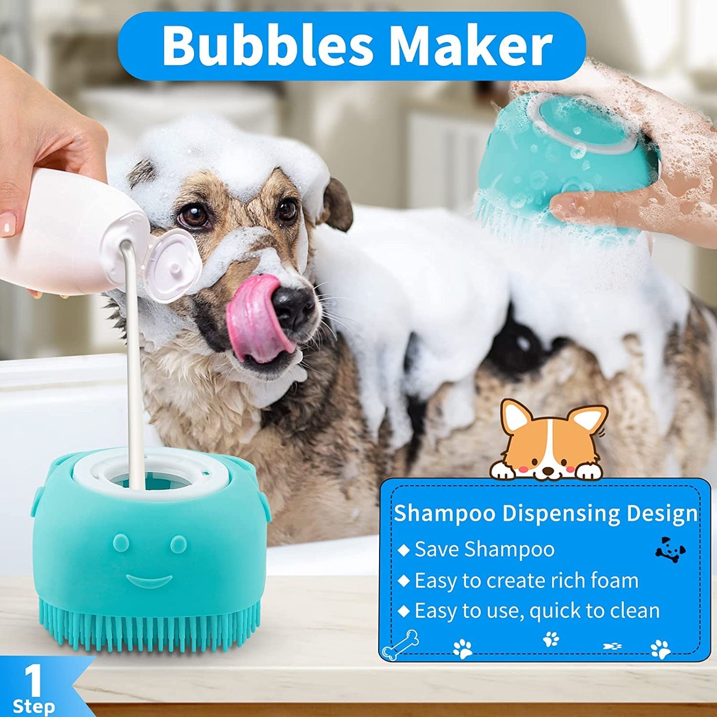 4 Pcs Self Cleaning Slicker Shedding Brush, Pet Bath Massage Brush, Finger Tooth Brush & Shampoo Dispenser Soft Silicone Bristle