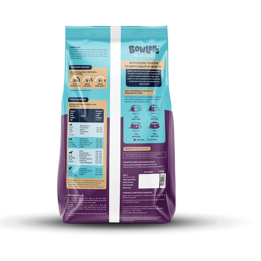 Bowlers Nutrimax Adult Dry Dog Food | Chicken & Vegetables | 1.2 kg Protein | Complete & Balanced Nutrition | Enriched with Essential Amino Acids