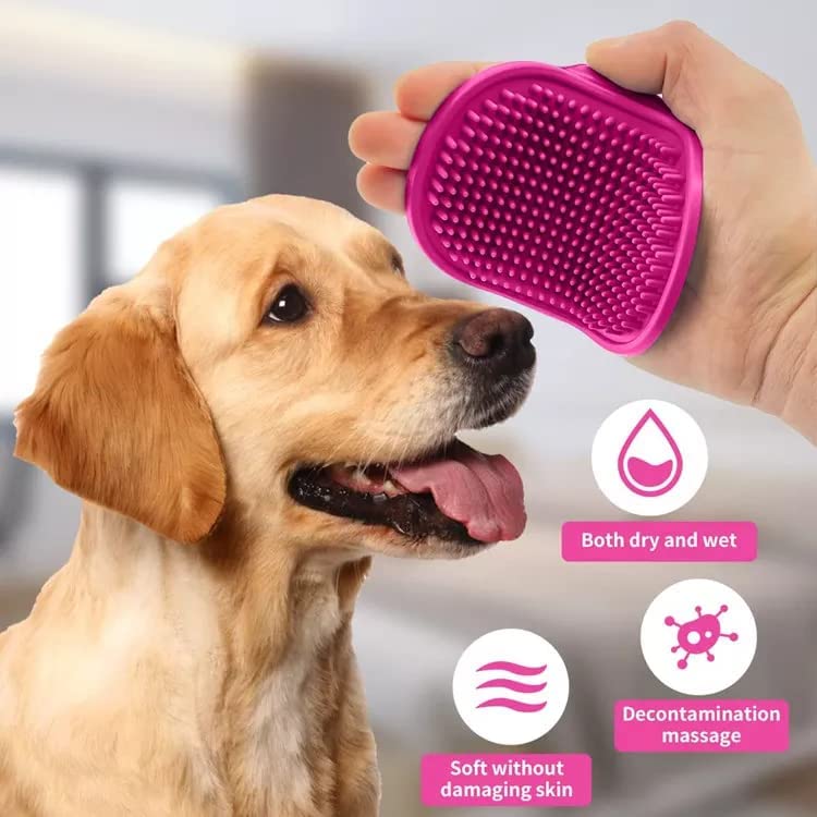 4 Pcs Self Cleaning Slicker Shedding Brush, Pet Bath Massage Brush, Finger Tooth Brush & Shampoo Dispenser Soft Silicone Bristle