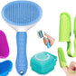 4 Pcs Self Cleaning Slicker Shedding Brush, Pet Bath Massage Brush, Finger Tooth Brush & Shampoo Dispenser Soft Silicone Bristle