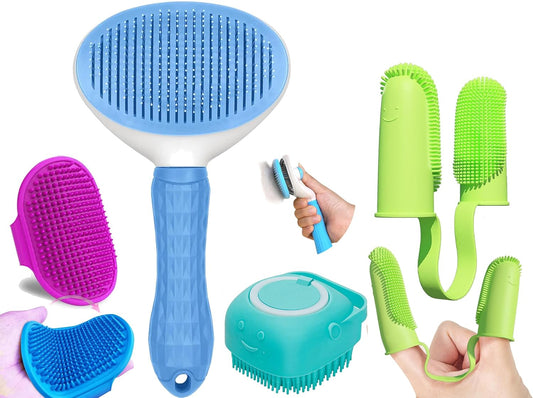 4 Pcs Self Cleaning Slicker Shedding Brush, Pet Bath Massage Brush, Finger Tooth Brush & Shampoo Dispenser Soft Silicone Bristle