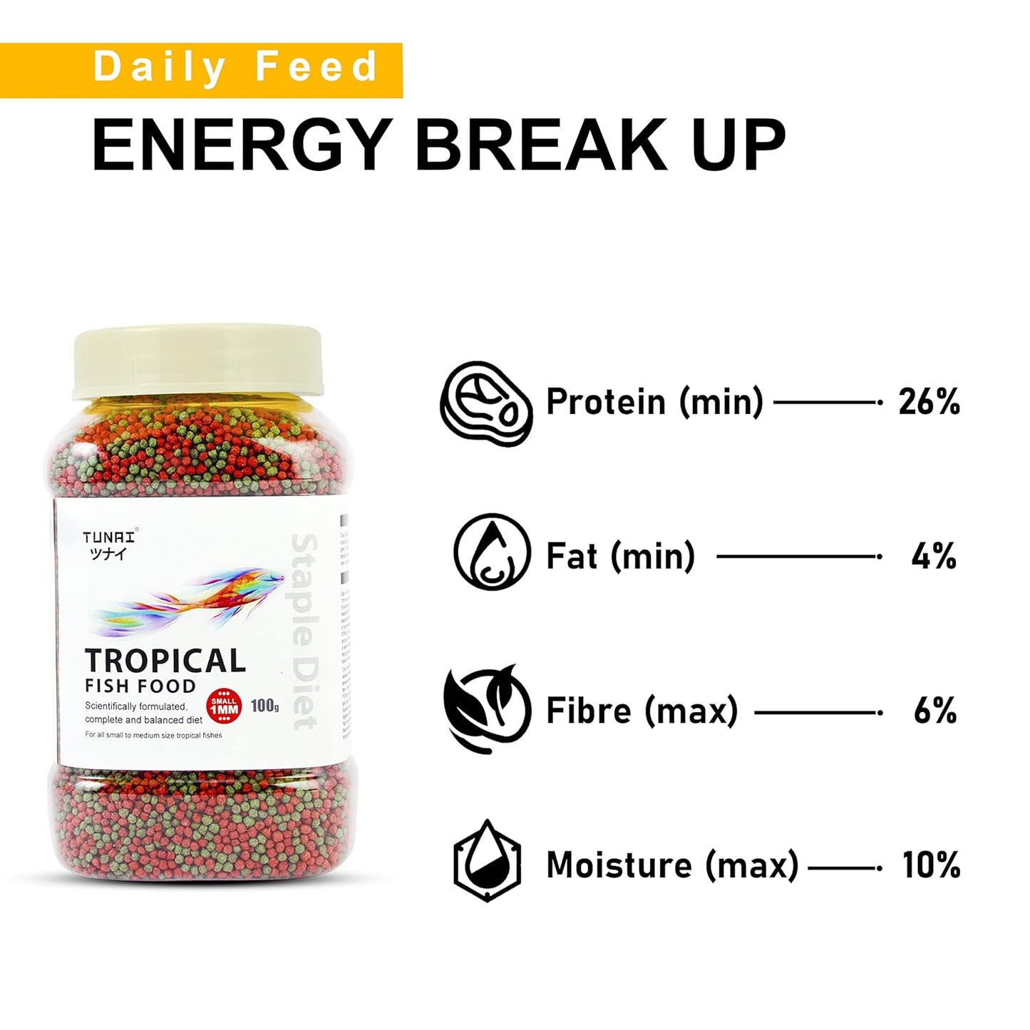 Fish Food | 100g | with 26% Protein, 1.2 MM Pellets Aquarium Fish Food for All Adult Aged Small & Medium Tropical Fishes