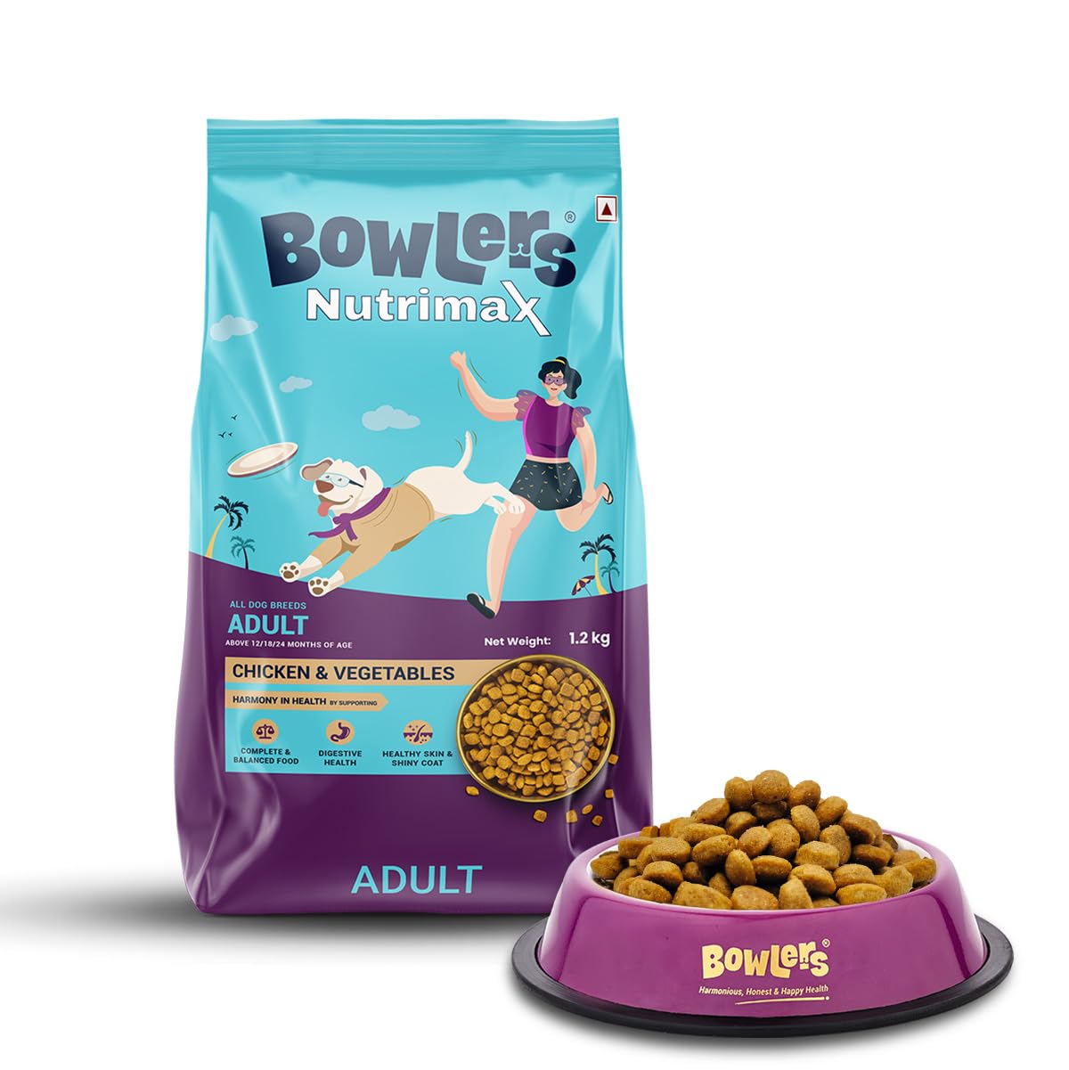 Bowlers Nutrimax Adult Dry Dog Food | Chicken & Vegetables | 1.2 kg Protein | Complete & Balanced Nutrition | Enriched with Essential Amino Acids